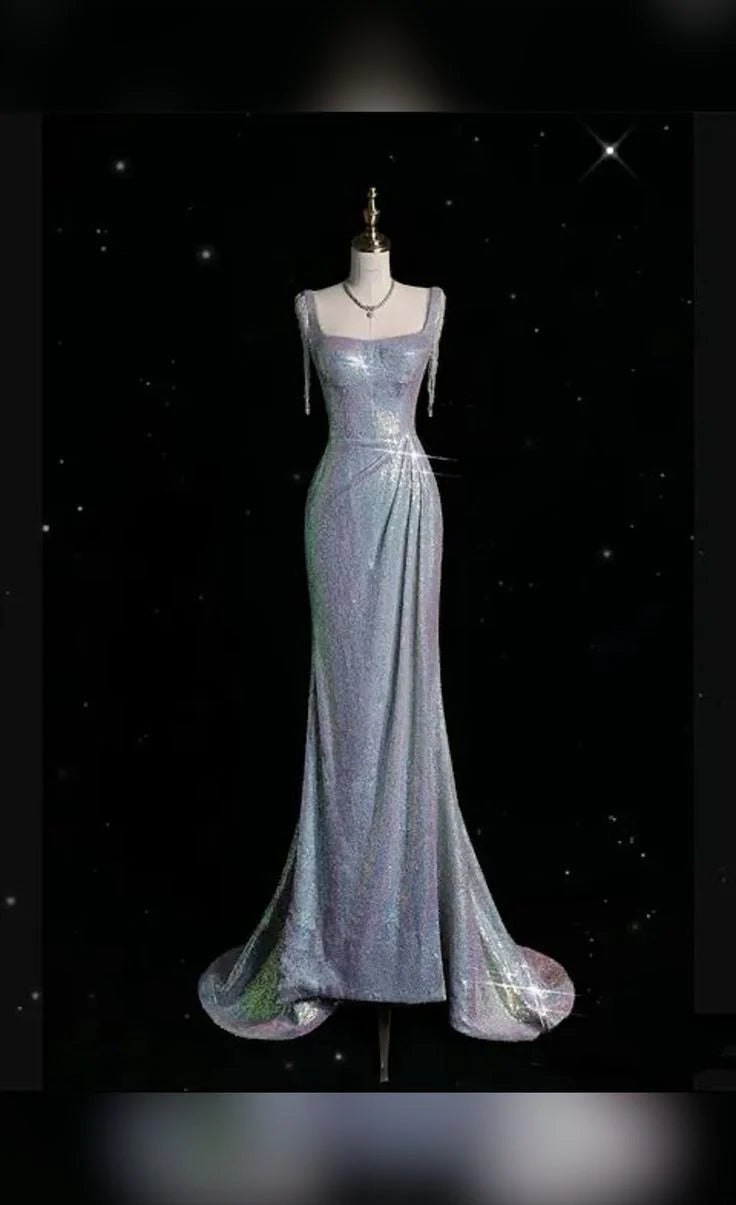 Wholesale Pretty Sheath Square Neckline Sequins Long Ruffles Evening Dress Prom Dresses formal wear dresses